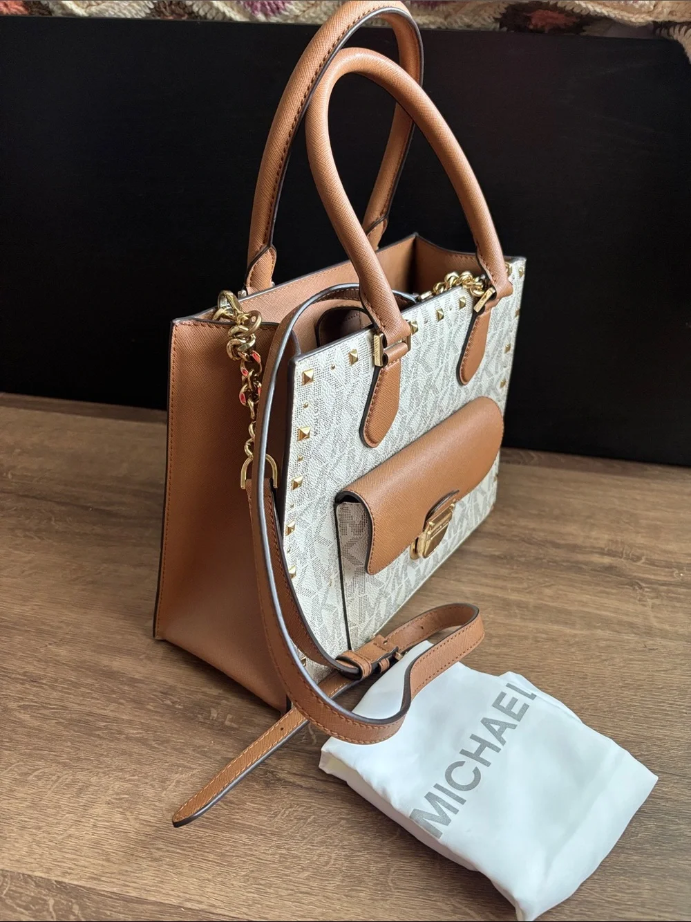Michael Kors Vanilla and Tan Signature Studded Satchel